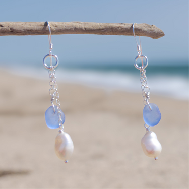 Purple Sea Glass + Baroque Pearl Dangle Earrings